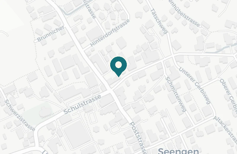 Kartenausschnitt von Seengen: Die Praxis liegt an der Oberdorfstrasse zwischen Schulstrasse und Poststrasse, nahe dem Ortszentrum.